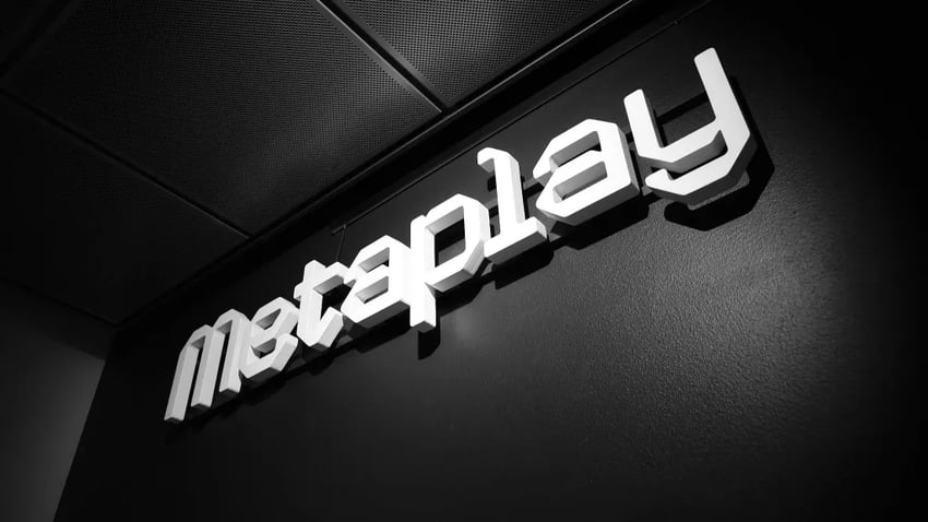 The Metaplay logo on the Metaplay office wall.